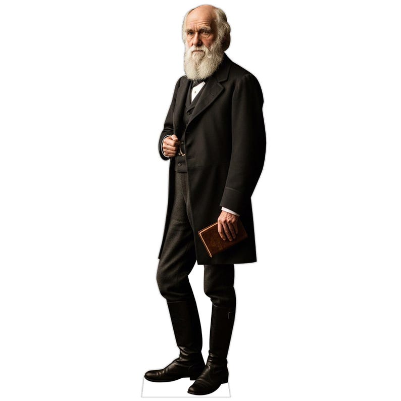 May include: A life-sized cardboard cutout of Charles Darwin featuring a man with a long white beard and balding head. He is wearing a black frock coat, vest, and trousers, with tall black boots. He holds a small brown book in his right hand.