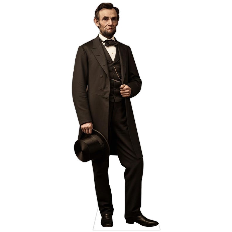 May include: A life-sized cardboard cutout of Abraham Lincoln wearing a black frock coat, matching trousers, a dark vest with a gold pocket watch chain, a white shirt, and a black bowtie. He holds a black top hat in his right hand.