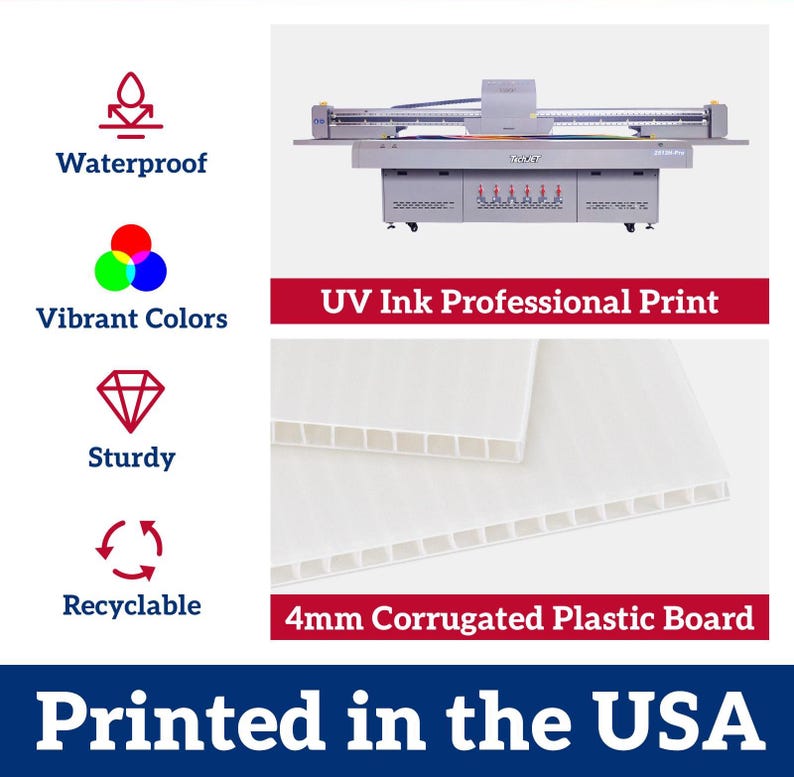 May include: A professional UV printer and white 4mm corrugated plastic boards. Icons indicate features: waterproof, vibrant colors, sturdy, and recyclable. Text includes: UV Ink Professional Print, 4mm Corrugated Plastic Board, and Printed in the USA.