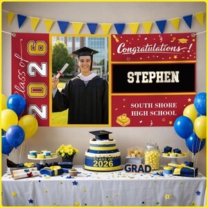 May include: A graduation party scene with a banner that says "Class of 2026" and "Congratulations!" with the name "Stephen". A cake, balloons, and decorations are on a table. The cake says "Class of 2026".