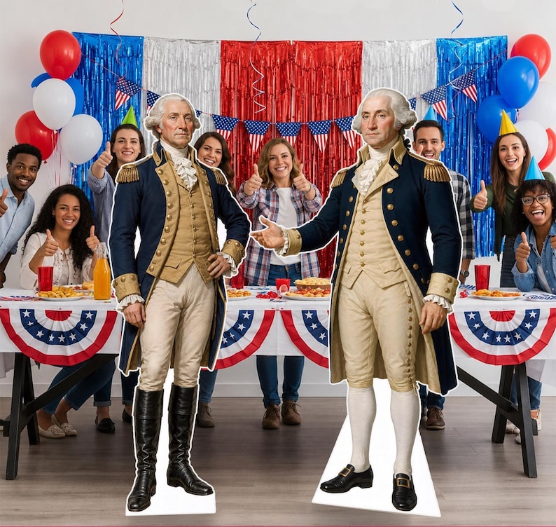 May include: Two life-sized cardboard cutouts of George Washington wearing a dark blue military coat with gold epaulets, a tan vest, white breeches, and a white cravat. One figure wears black boots, while the other wears black dress shoes.