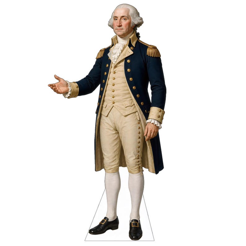 May include: A life-sized cardboard cutout of George Washington wearing a dark blue military coat with gold buttons and epaulets, a cream-colored vest and breeches, a white ruffled cravat, white stockings, and black buckled shoes, standing upright.