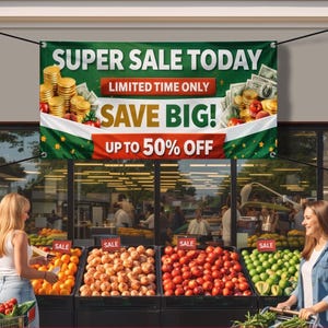 May include: A rectangular green vinyl banner featuring the white text SUPER SALE TODAY, LIMITED TIME ONLY, SAVE BIG!, and UP TO 50% OFF. The design includes illustrations of gold coins, stacks of cash, and fresh red strawberries on both sides.