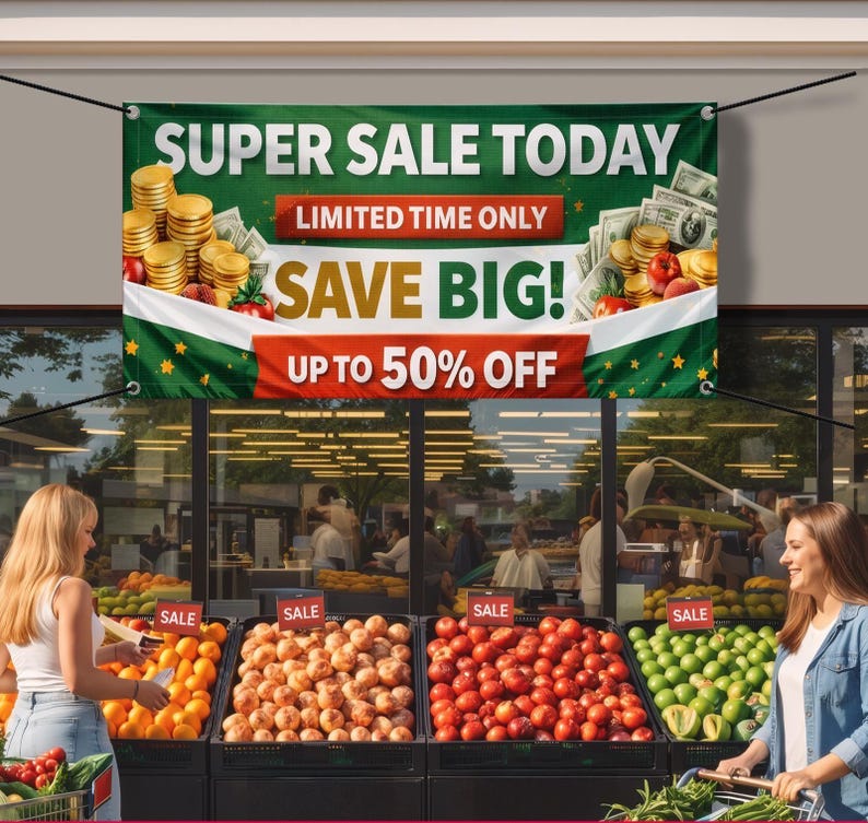 May include: A rectangular green vinyl banner featuring the white text SUPER SALE TODAY, LIMITED TIME ONLY, SAVE BIG!, and UP TO 50% OFF. The design includes illustrations of gold coins, stacks of cash, and fresh red strawberries on both sides.
