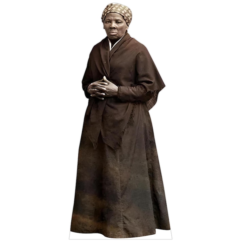 May include: A life-sized cardboard cutout of Harriet Tubman standing with hands clasped. She wears a dark brown shawl over a long matching dress and a patterned headscarf. The figure is depicted in a historical portrait style with a neutral expression.