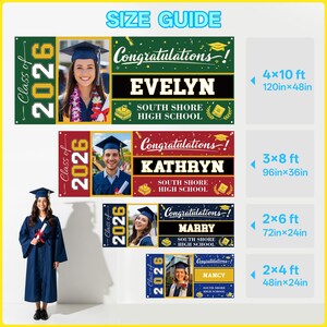 May include: Graduation banners with photos and the text "Class of 2026" and "Congratulations!" in various sizes. The banners feature names like Evelyn, Kathryn, Marry, and Nancy, along with "South Shore High School". Sizes include 4x10 ft, 3x8 ft, 2x6 ft, and 2x4 ft.
