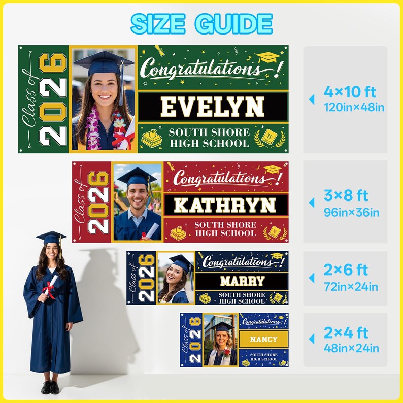 May include: Graduation banners with photos and the text "Class of 2026" and "Congratulations!" in various sizes. The banners feature names like Evelyn, Kathryn, Marry, and Nancy, along with "South Shore High School". Sizes include 4x10 ft, 3x8 ft, 2x6 ft, and 2x4 ft.