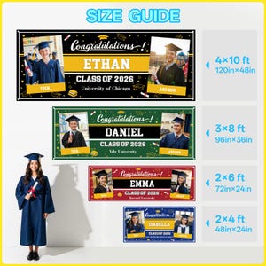 May include: Graduation banners with photos and text, including "Congratulations!" and names like Ethan, Daniel, Emma, and Isabella. Sizes range from 2x4 ft to 4x10 ft. The banners feature students in graduation attire.