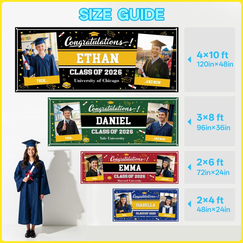 May include: Graduation banners with photos and text, including "Congratulations!" and names like Ethan, Daniel, Emma, and Isabella. Sizes range from 2x4 ft to 4x10 ft. The banners feature students in graduation attire.