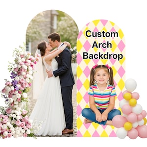 May include: A wedding scene with a couple kissing under an arch decorated with flowers. A custom arch backdrop with a child and balloons is also shown. The backdrop has a yellow and pink diamond pattern with the words "Custom Arch Backdrop".