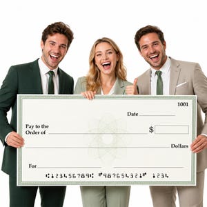 May include: Three people holding a large, blank check with a green floral design in the center. The check has spaces for the date, payee, amount, and other details. The people are smiling and wearing business attire.