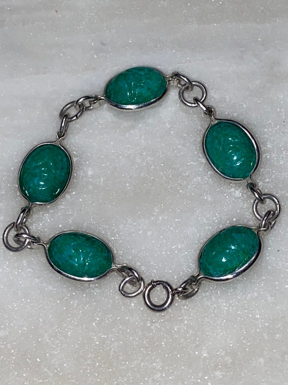 Egyptian Revival Beatle Bracelet, Silver and Gree… - image 1
