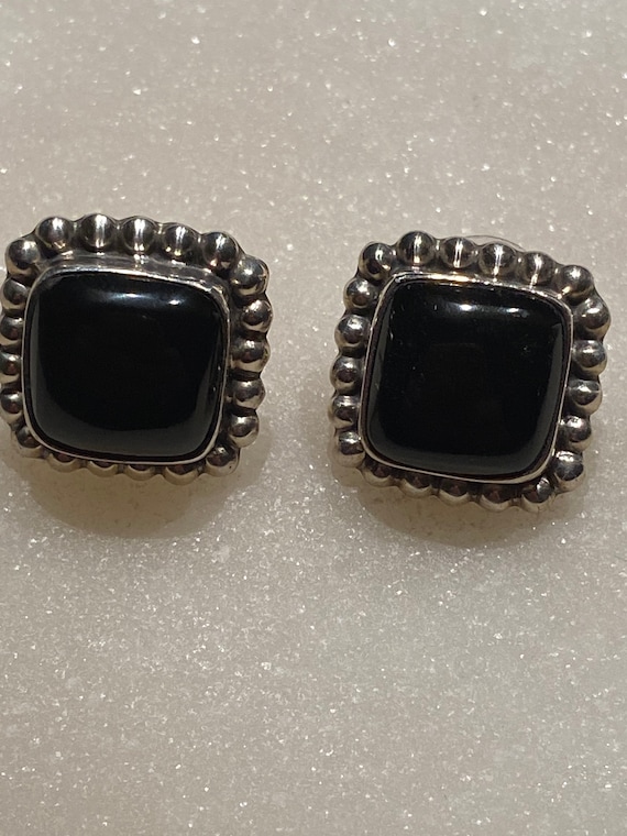 Black Onyx Taxco Pierced Earrings 925