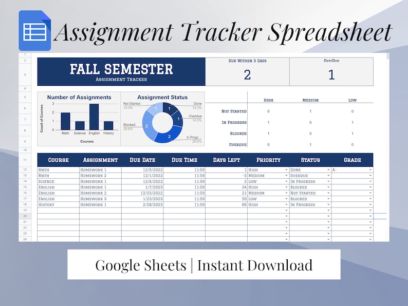 May include: A digital assignment tracker spreadsheet with a blue and white design. The spreadsheet includes sections for course, assignment, due date, and status. The text "Assignment Tracker Spreadsheet" and "Fall Semester" are visible.