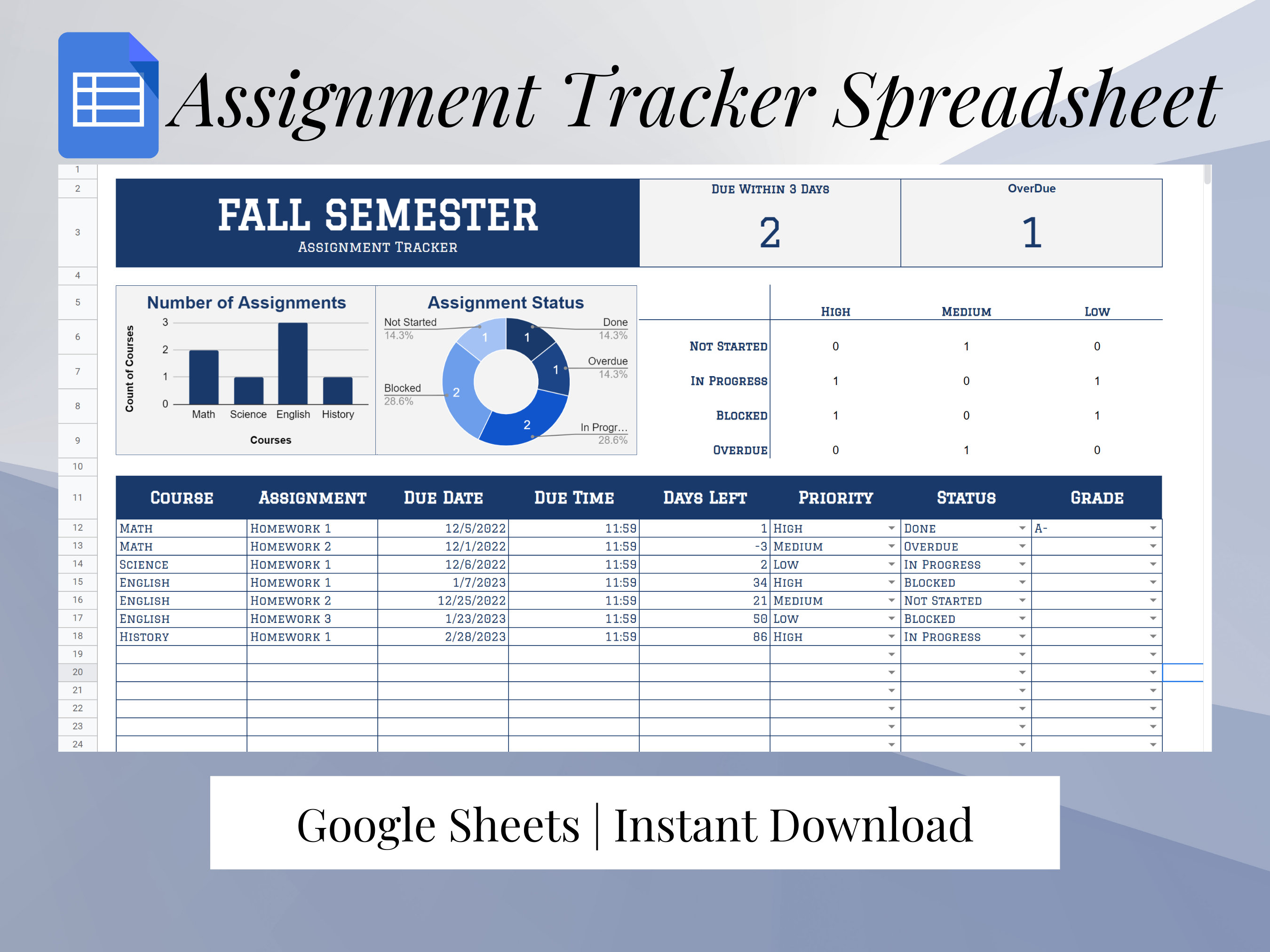 Assignment Tracker Google Sheets Assignment Planner Homework Tracker ...