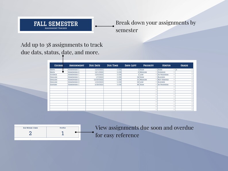 May include: A digital assignment tracker with a blue and white design. The tracker includes sections for course, assignment, due date, and status. The text "FALL SEMESTER ASSIGNMENT TRACKER" is at the top.