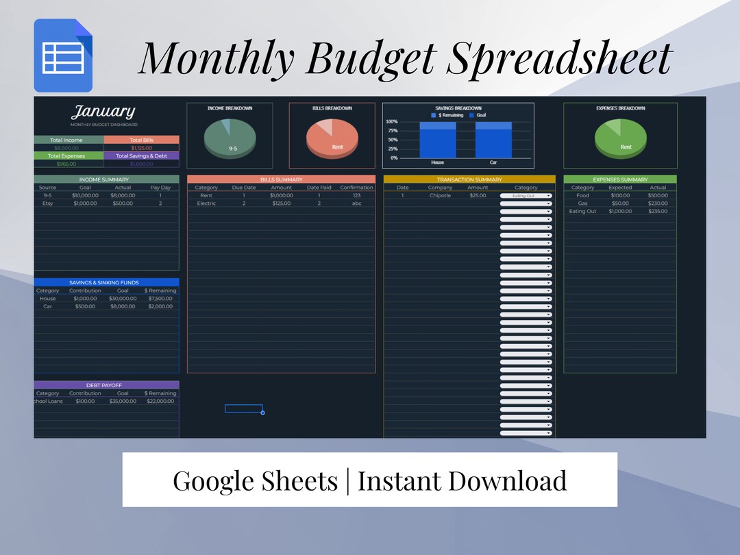 Dark Mode Monthly Budget Spreadsheet Google Sheets Template Etsy