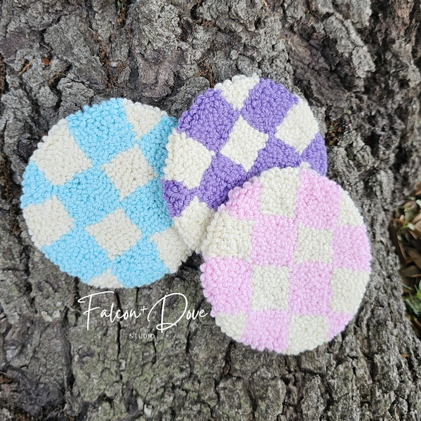 Checkered punch needle coasters pink checker coaster purple checker mug rug aqua checkered cozy cute coaster gift for co workers and friends