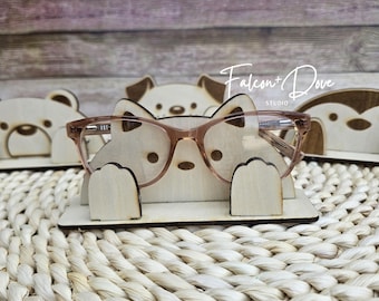 Animal Eyeglass Holder – Wooden Glasses Stand, Cute Desk Organizer, Dog or Cat Design, Gift for Glasses Wearers, Animal Lover Gift