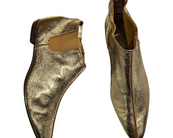 Vtg 1970s Degas Gold Metallic Leather Spiczaste Botki Elf Mod Flat Ankle Boots Rozmiar 5