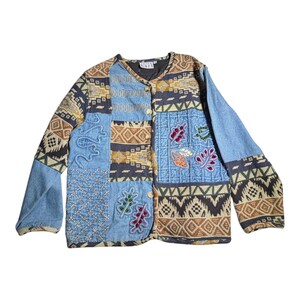 Vtg 1990s Keren Hart Denim Tribal Print Cotton Patchwork Button Up Jacket Sz M