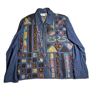 Vtg Y2K Yak Magik Blue Cotton Denim Patchwork Button Up Overszied Jacket Sz S