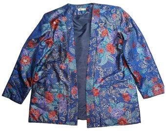Vtg 1980er Jahre Erste Thai Seide Blau Gold Blumendruck Offene Front Blazer Jacke L