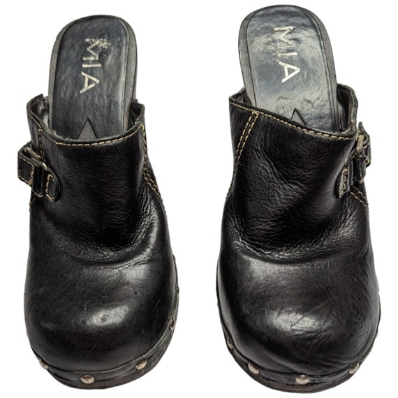 Vtg Y2K MIA Black Leather Studded Wooden Heel Ope… - image 2