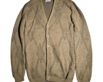 Cárdigan vintage de lana Milwaukee Knit marrón con estampado de rombos abiertos, 100% lana, estilo grunge, años 70. Talla M.