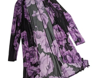 Vtg Y2K Collections Etc Black Purple Floral Print Sheer Mesh Open Front Wrap M