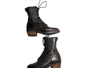 VTG jaren 1990 zwart leer handgemaakte veterschoenen spitse neus Packer touwschoenen Sz 6