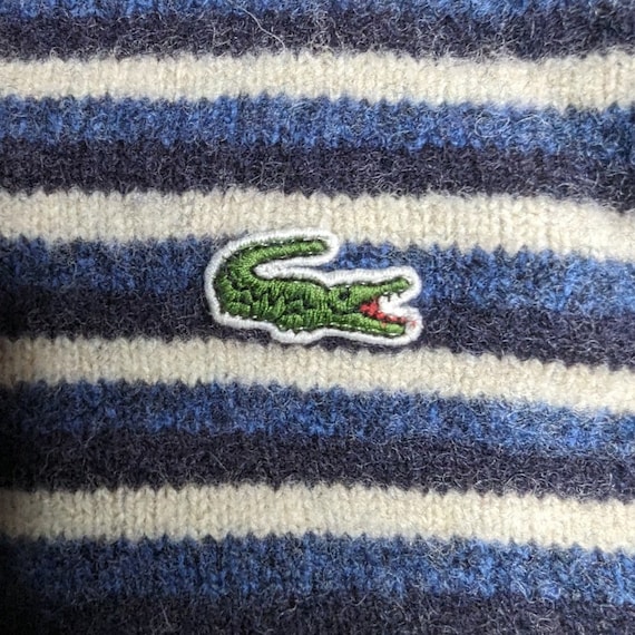 Vtg 1990s Lacoste Blue Gray Striped 100% Wool Cre… - image 3