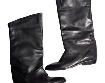 VTG 1980er Mister Schuhe Schwarzes Leder Spitz Schuhe Mid-Calf Slouch Stiefel Gr. 7