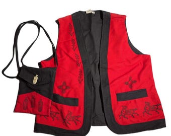 Vintage 1990-tals Venus Imports rödsvart primitiv tribal bomullsväst och väska storlek S