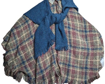 VTG Boyne Valley Weavers, poncho à carreaux bleu gris en laine mélangée irlandaise, taille unique