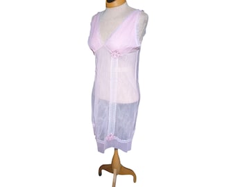 Vtg 1970s Blush Pink Sheer Floral Applique Pintuck V-Neck Mini Slip Dress Sz S M