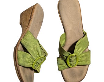 Vtg Y2K Lime Green Gathered Fabric Strap Faux Cork Wedge Slide Sandals Sz 8