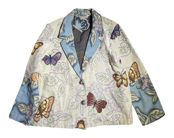 Vtg 1990s Coldwater Creek Ivory Blue Butterfly Tapestry Two Button Blazer Sz M