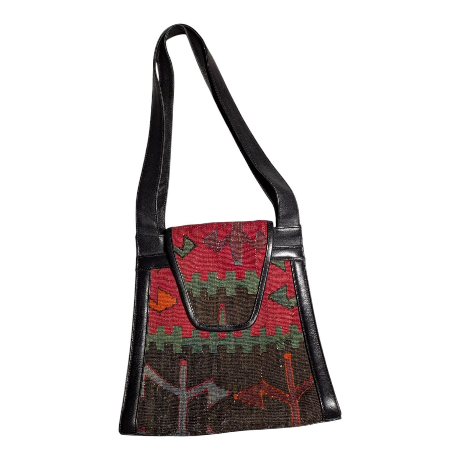 Vtg 1990s Yun Art Black Leather Turkish Kilim Red Woven Top 