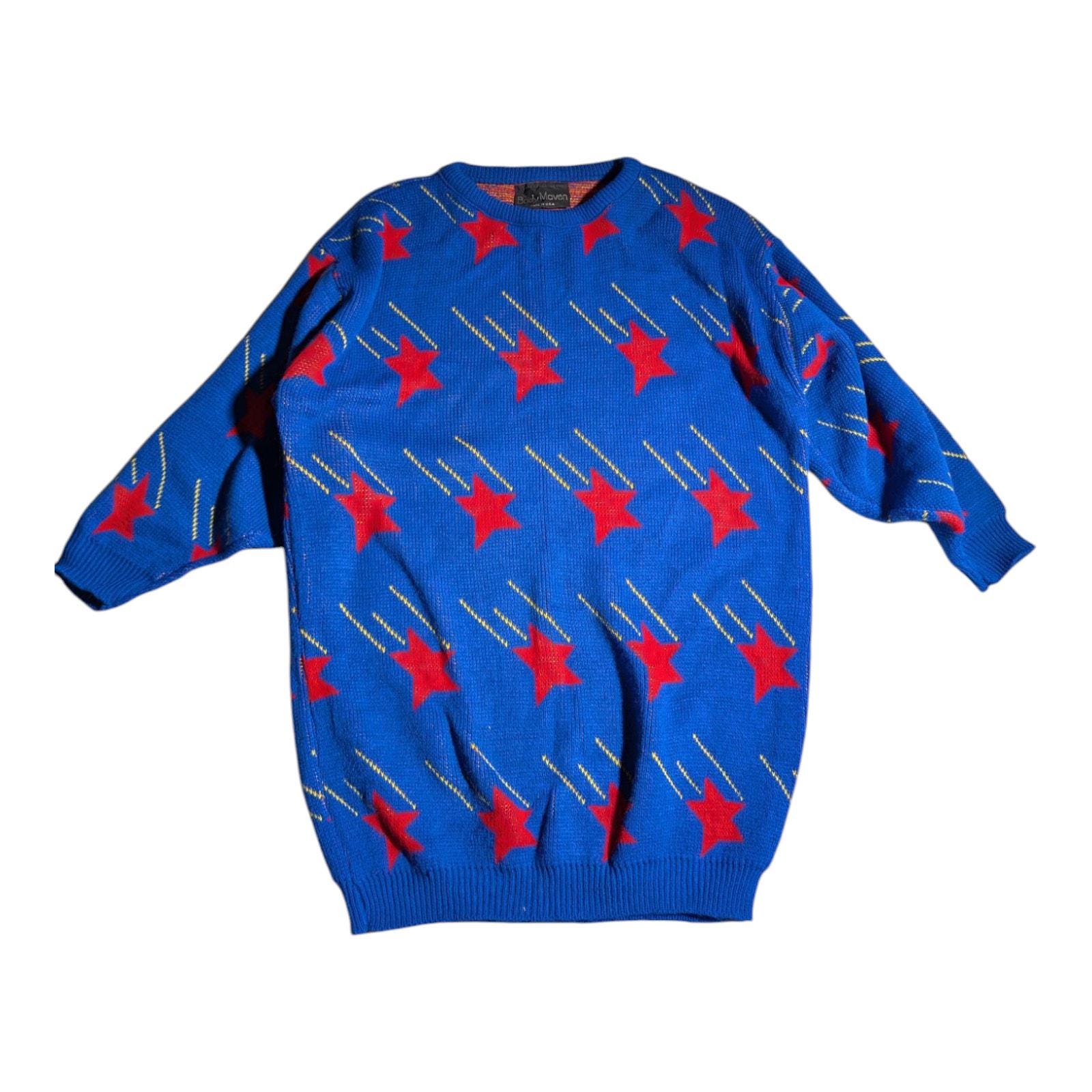 Vtg 1980s Body Maven Blue Red Shooting Star Knit Longline Tunic Sweater OS L