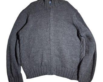 Vtg 1990s Polo Ralph Lauren Gray Wool Full Zip Mock Neck Cable Knit Sweater XL