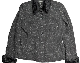 Vtg 1990 Liz Claiborne gris mezcla de lana Tweed cuello de piel sintética chaqueta con botones 8