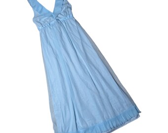 Vtg 1970er Jahre Evette Himmelblau Plissee Nylon Chiffon Babydoll Nachthemd Maxi Nachthemd S