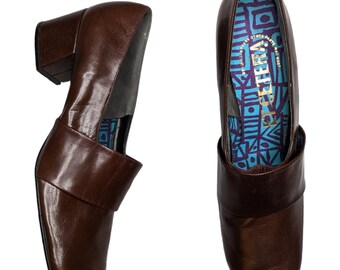 Vintage 1970s Et Cetera Brown Leather Square Toe Block Heel Mod Loafers 8.5 N