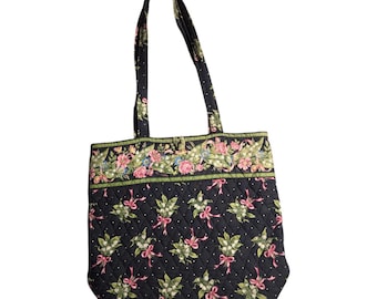 Vtg 1990s Vera Bradley Hope Black Coquette Bow Floral Print Button Shoulder Bag