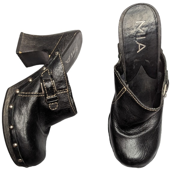 Vtg Y2K MIA Black Leather Studded Wooden Heel Ope… - image 1