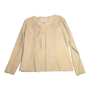 May include: A tan open-front jacket with a notched collar and long sleeves. The jacket features decorative stitching along the seams and small, star-shaped cutouts. The tag reads "Chicos Design".