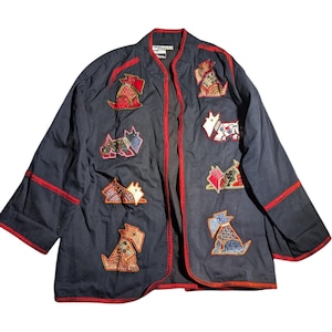 Vtg 1990s Yak Magik Black Scottie Dog Applique Open Front Cotton Jacket Sz M