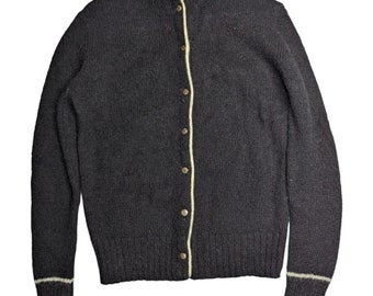 VTG 1980er Jahre Jade Schwarz Elfenbein getrimmt Shetland Wolle Rundhals-Strickjacke mit Knöpfen M