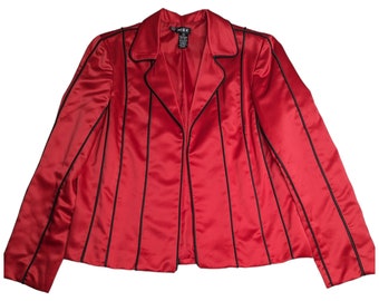 Vtg Y2K MSK Rot Satin Schwarz Paspeln Offene Front Split Sleeve Blazer Jacke XL
